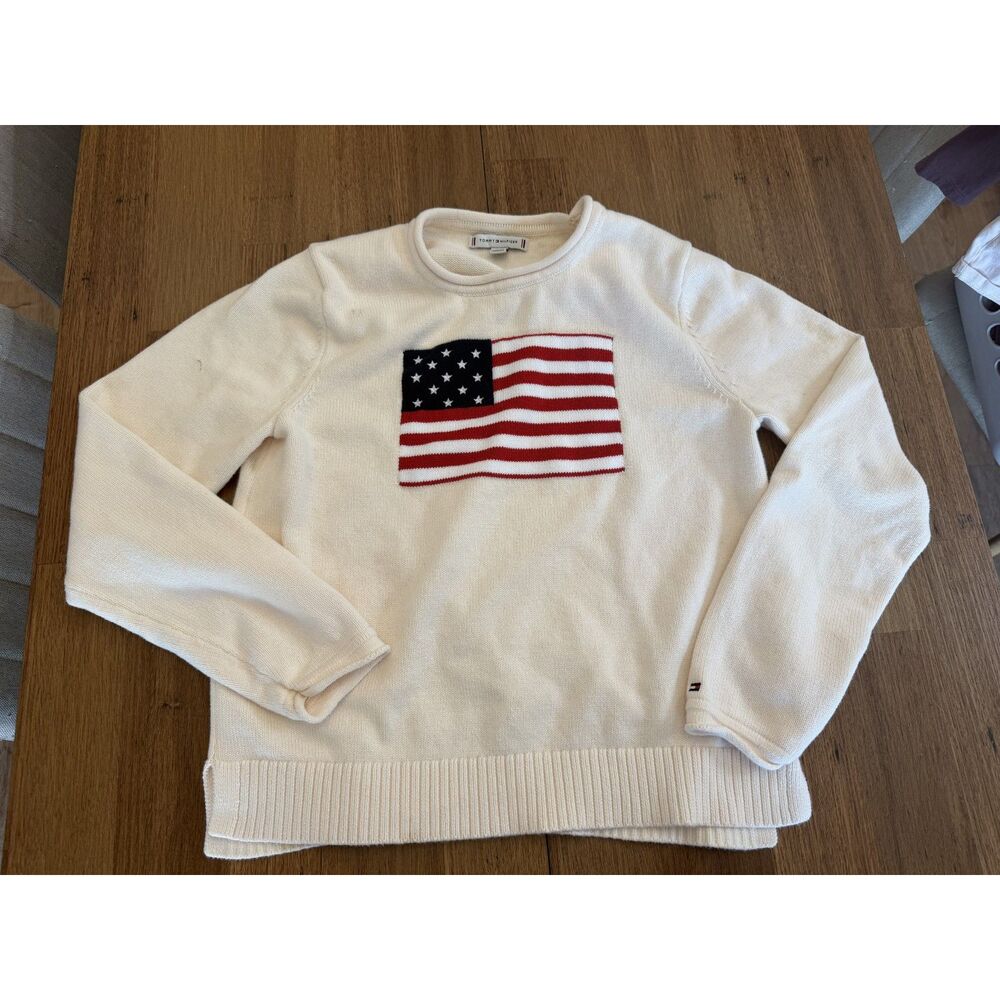 Tommy Hilfiger Cream Knit American Flag Sweater Stain on Back/Shoulder Small